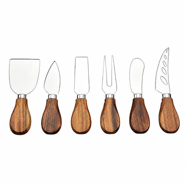6-Piece Cheese Knife Set with Bamboo Wood Handles Stainless Steel Blades for Cutting Spreading Serving