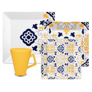 Quartier Blue and Yellow 32-Piece Casual Blue and Yellow Porcelain Dinnerware Set (Service for 8)