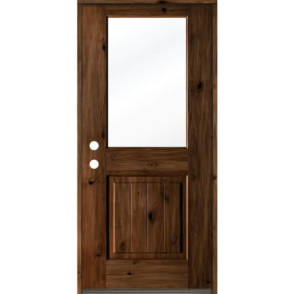 Krosswood Doors 32 in. x 80 in. Rustic Knotty Alder Wood Clear Half-Lite Provincial Stain/VG Right Hand Single Prehung Front Door