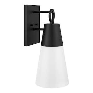 Duvall 18 in. 1-Light Black Outdoor Hardwired Wall Lantern Sconce with Etched Opal Glass Shade