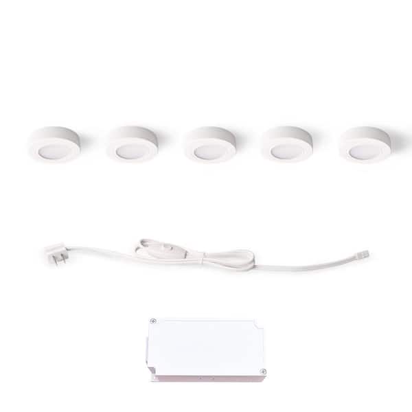 Plug-In 5-Light White Dimmable Integrated LED Under Cabinet Puck Light with J-box