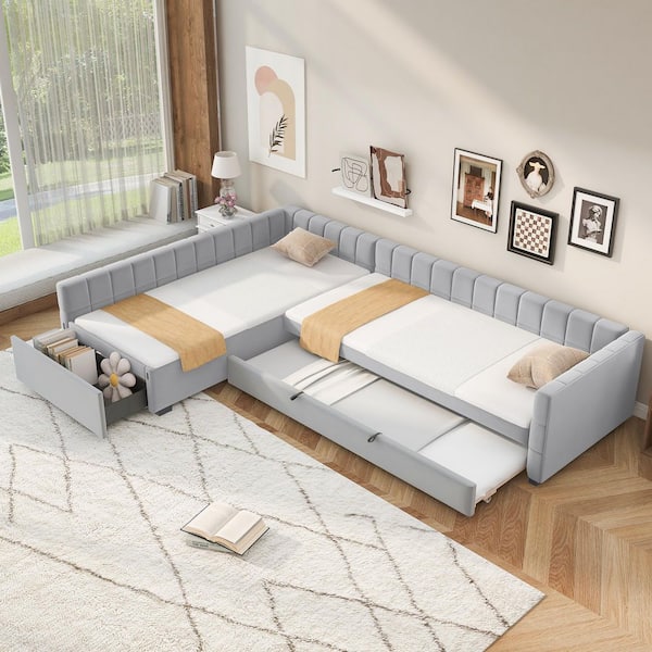 L-Shaped Gray Twin Size Velvet Daybed with Pull-Out Trundle and Storage Drawer for Small Living Spaces