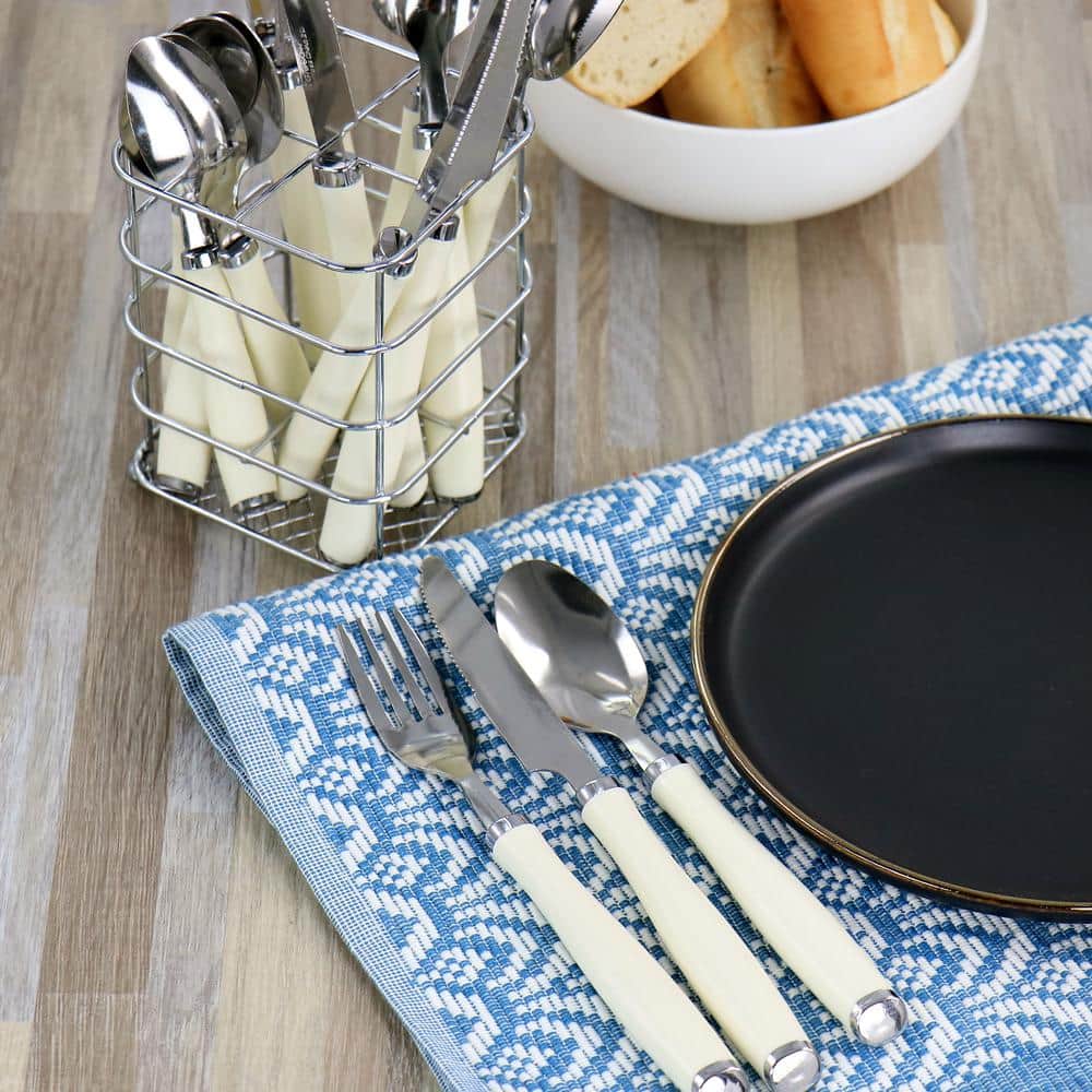 Gibson 16-Piece Stainless Steel Flatware Set with White Handles and Wire Caddy