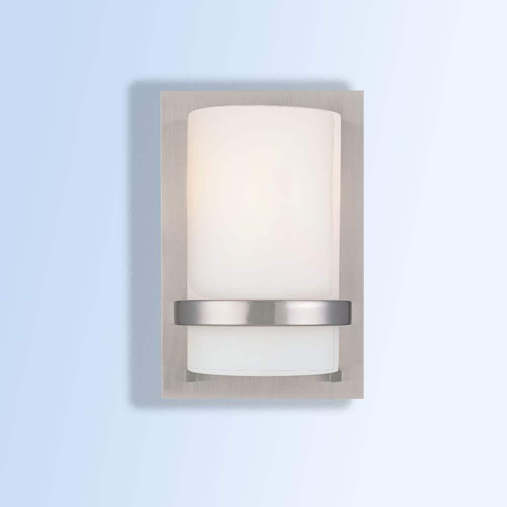 Brushed Nickel Cylinder Wall Sconce with Etched Glass Shade