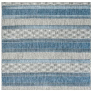 Courtyard Gray/Navy 4 ft. x 4 ft. Striped Geometric Indoor/Outdoor Patio  Square Area Rug