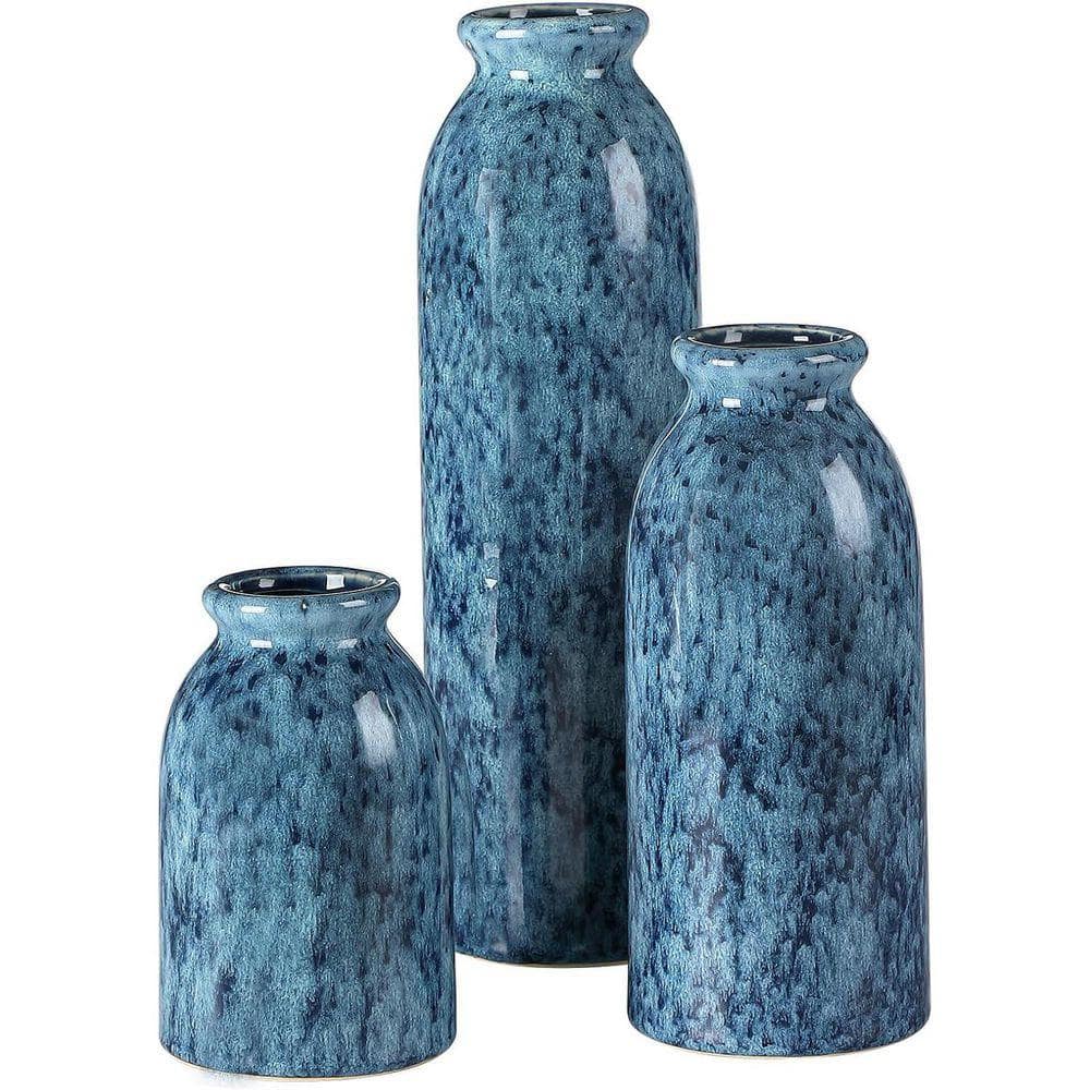 Blue 3.2 in. x 11 in. Ceramic Modern Farmhouse Vase Set of 3 Z0CPVMZTYT ...
