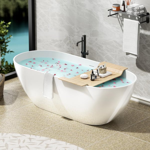 Xspracer Moray 63 in. x 30 in. Solid Surface Stone Resin Flatbottom Freestanding Bathtub Soaking Bathtub in Glossy White