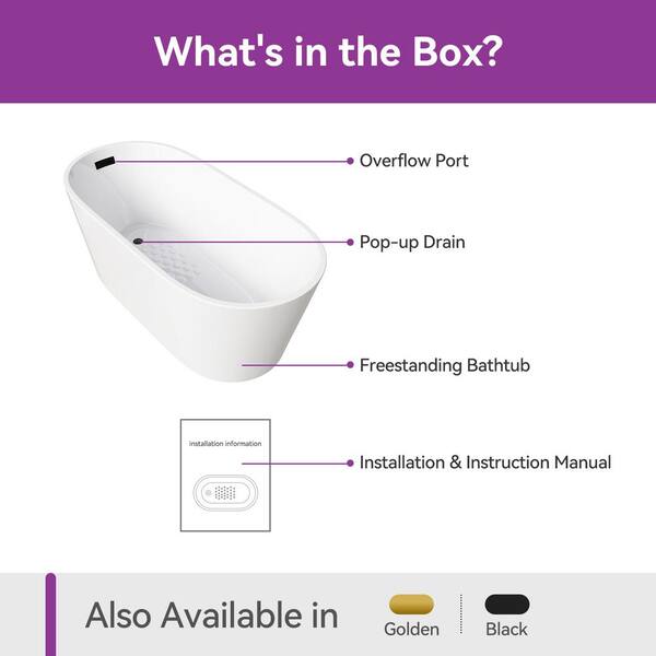 59 in. x 27.6 in. Soaking Bathtub with Side Drain in White/Golden