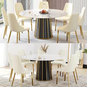 59.05 in. White Circular Rotable Sintered Stone Tabletop Black Pedestal Base Kitchen Dining Table (Seats-8)