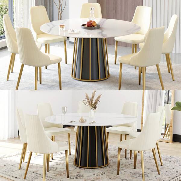 Magic Home 59.05 in. White Circular Rotable Sintered Stone Tabletop Black Pedestal Base Kitchen Dining Table (Seats-8)