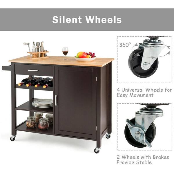 Costway 4-Tier Espresso Wood Kitchen Island Trolley Cart Storage 
