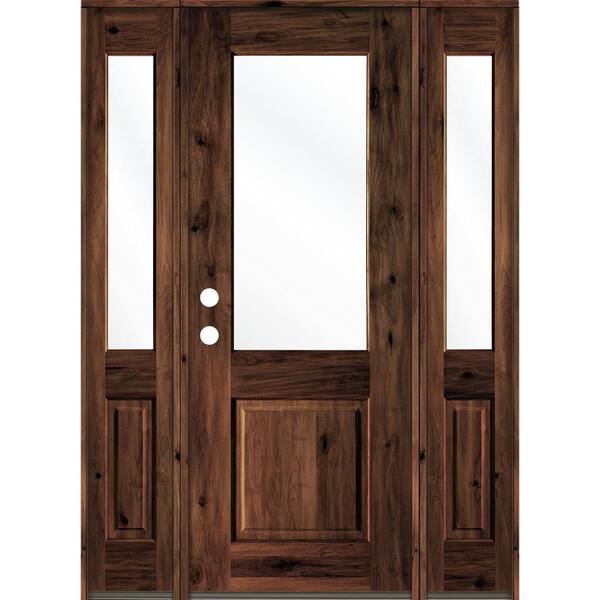 Krosswood Doors 60 in. x 96 in. Rustic Alder Wood Clear Half-Lite Red Mahogony Stain Right Hand Single Prehung Front Door/Sidelites