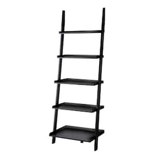 Black 5 Tier Wooden Ladder Style Shelf with Slanted Panel Support