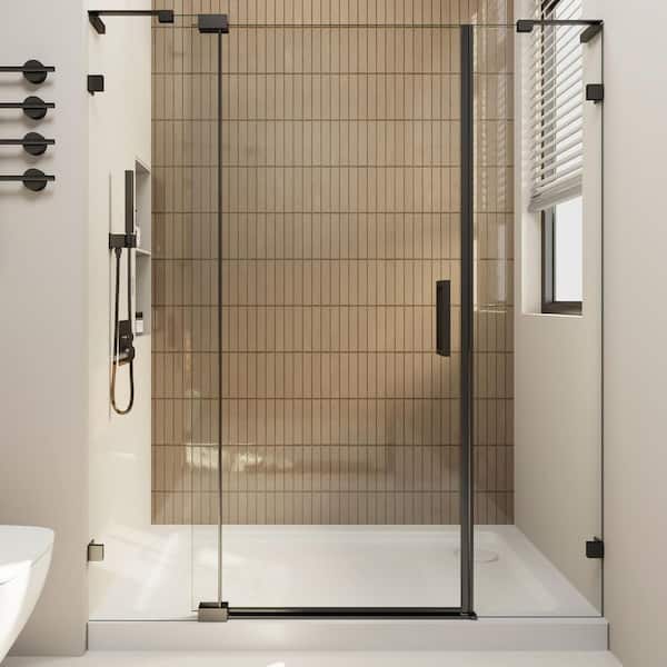 56-60 in. W x 70 in. H Frameless Pivot Shower Door in Matte Black Clear Glas