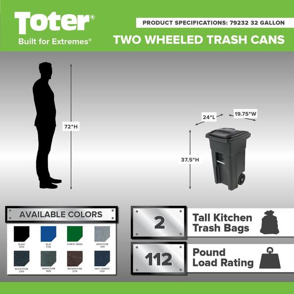 Toter Trash Can 32 Gal Rugged Rim Handles Wheeled Graystone Indoor Outdoor 