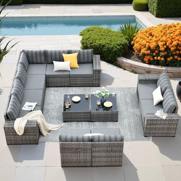 HOOOWOOO Tahoe Grey 12-Piece Wicker Wide Arm Outdoor Patio HOOOWOOO Tahoe Grey 12-Piece Wicker Wide Arm Outdoor Patio