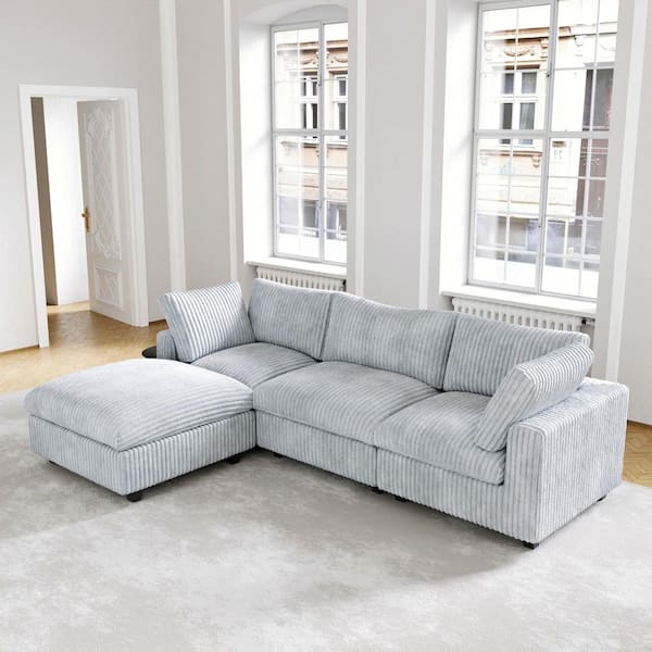 Oversized 118 in. Square Arm Plush Velvet L-Shaped Modular Sofa Lawson Cloud Couch with Ottoman, Washable Covers in Gray