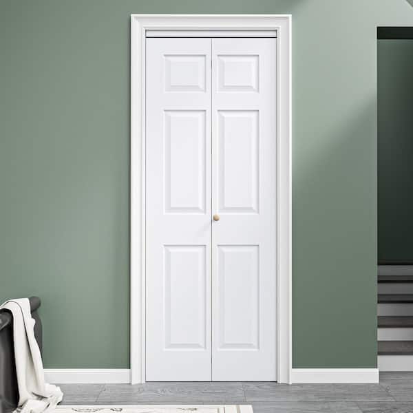 28 in. x 80 in. 6 Panel Hollow Core MDF White Primed Composite Closet Bi-Fold Door with Hardware