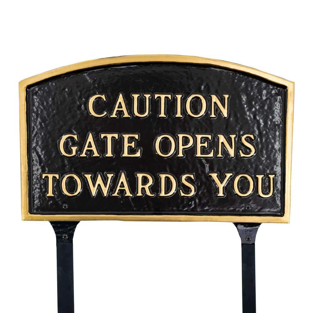 10 in. x 15 Standard Arch Caution Gate Opens Towards You Statement Plaque Sign with Lawn Stakes - Black/Gold price history on PriceWatchPro