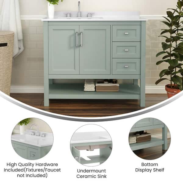 Vega 42 in. Sage Bathroom Vanity with Sink, Cabinet, Open Shelf, 3 Drawers, White Carrera Marble Finish Countertop