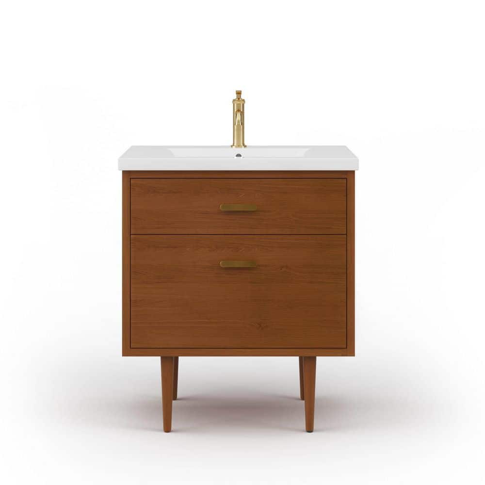 Honey Walnut 30" Freestanding Vanity with Integrated Ceramic Sink