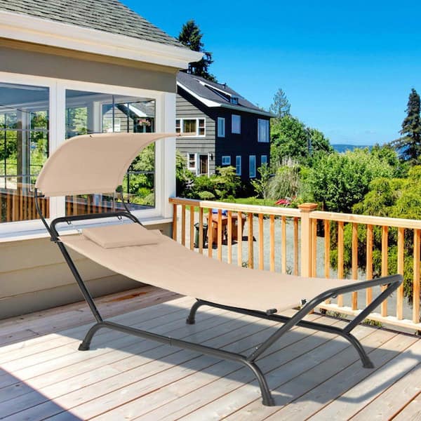 Zeus & Ruta 95.5 in. Beige Metal Frame Outdoor Patio Hanging Chaise Lounge Chair with Canopy Cushion Pillow and Storage Bag