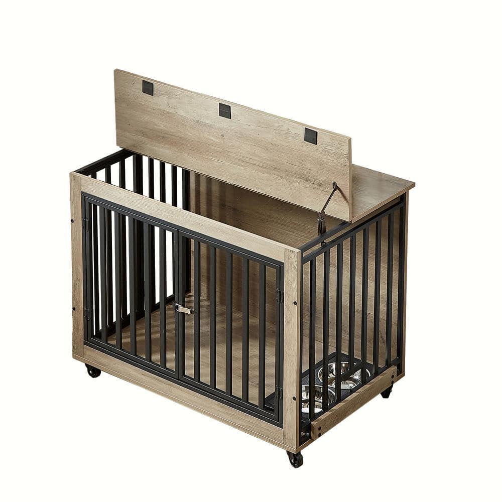 Foobrues Dog Crate Side Table with Feeding Bowl, Wheels, 3-Doors for ... - Crates With Built-In Feeding Systems For Dogs