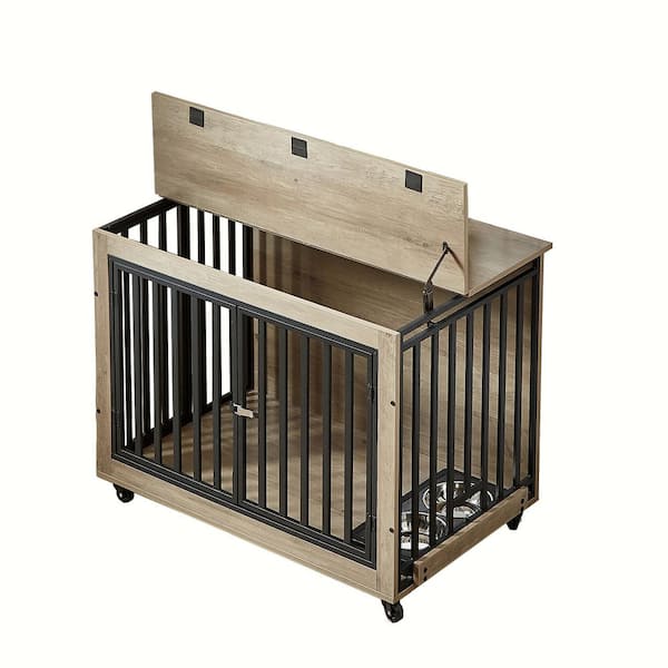 Foobrues Dog Crate Side Table with Feeding Bowl, Wheels, 3-Doors for Small to Medium Dogs