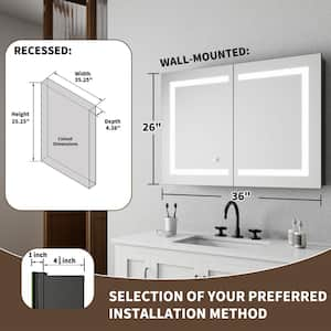 Velux 36 in. W x 26 in. H Rectangular Silver Aluminum Recessed/Surface Mount Dual Swing Medicine Cabinet with Mirror LED