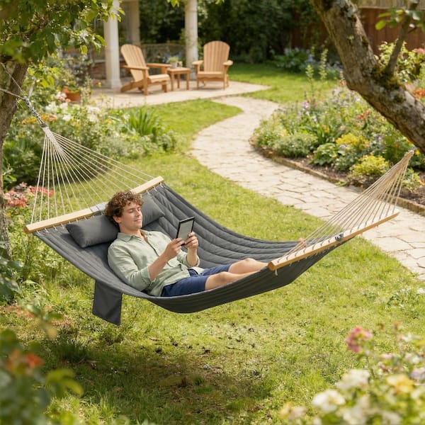 ハンギングチェア 2-Person Gray Wood Porch Swing, Patio Swing Chair Double Hammock
