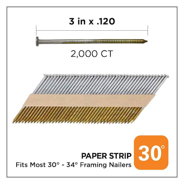 3 in. x 0.120 30° Hot Dipped Galvanized Ring Shank Paper Tape Framing Nails (2000 per Box)