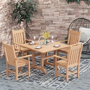 Hayes 5-Piece HDPE Plastic Outdoor Patio Dining Set with Square Table and Arm Chairs in Teak