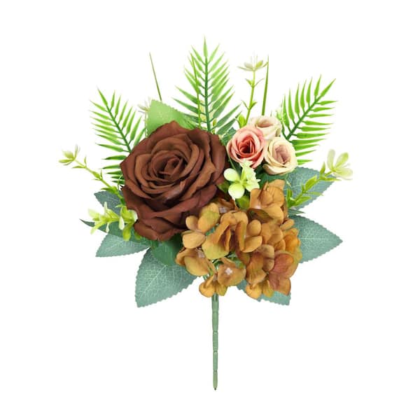 LIVING LUXURY 11 in. Brown Artificial Delicate Mixed Rose Hydrangea Flower Stem Bush Bouquet (Set of 4)