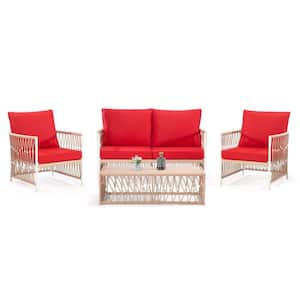 4-Pieces Yellow Frame Rattan Wicker Outdoor Patio Conversation Sectional Sofa Set, with Red Cushion and Table
