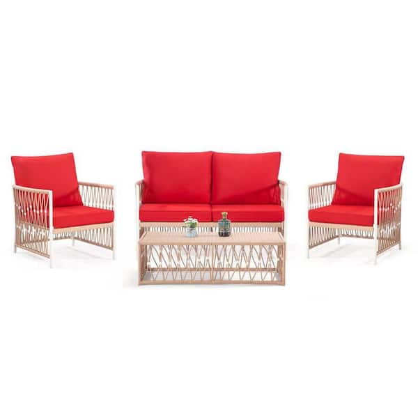 Unbranded 4-Pieces Yellow Frame Rattan Wicker Outdoor Patio Conversation Sectional Sofa Set, with Red Cushion and Table