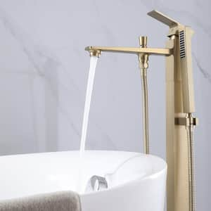 Single Handle Floor Mount Freestanding Tub Faucet with Hand Shower in Brushed Gold