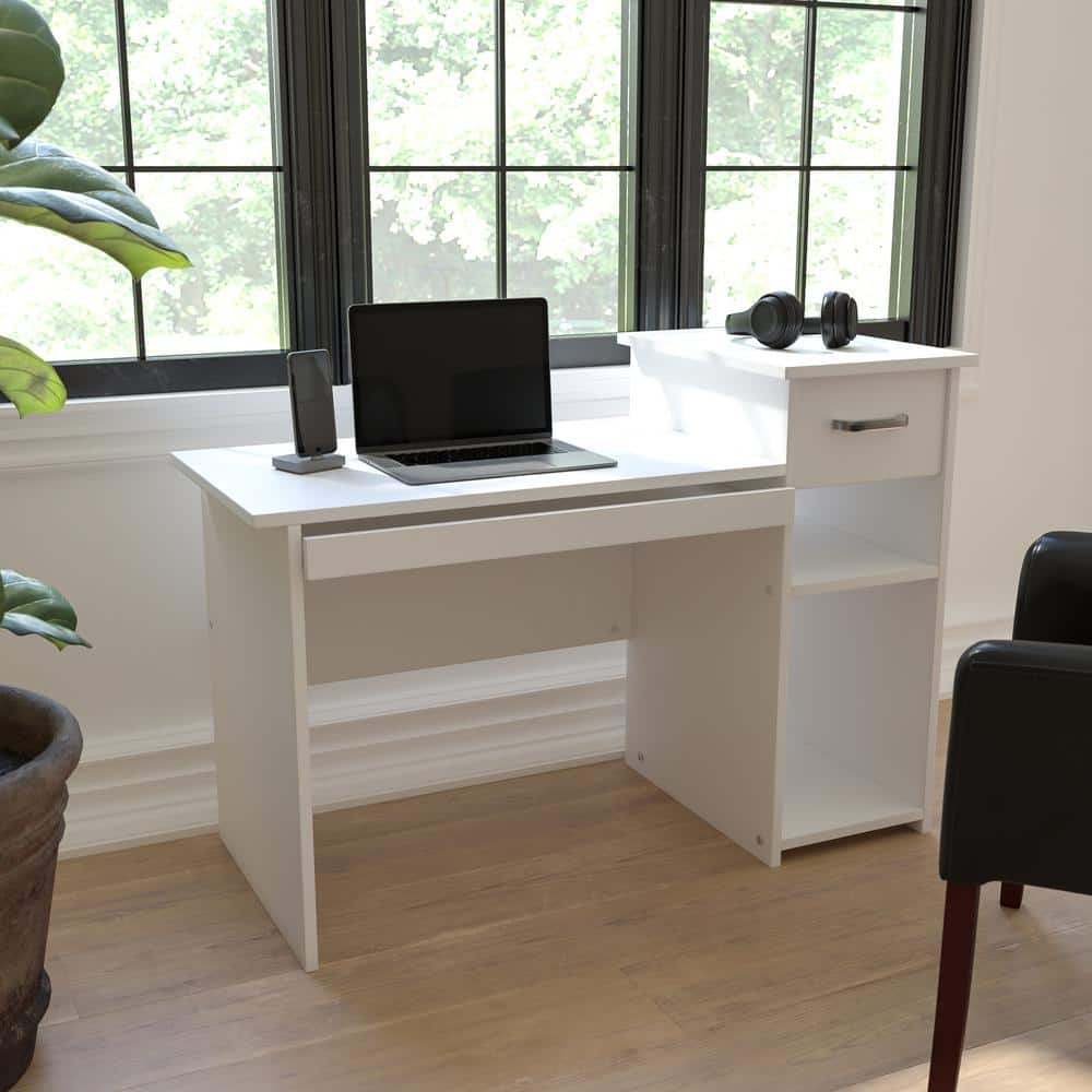 White Wood Computer Desk with Drawer and Keyboard Tray