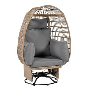 Natural Swivel Chair Wicker Outdoor Swivel Patio Egg Lounge Chair with Gray Cushion and 4 Pillows