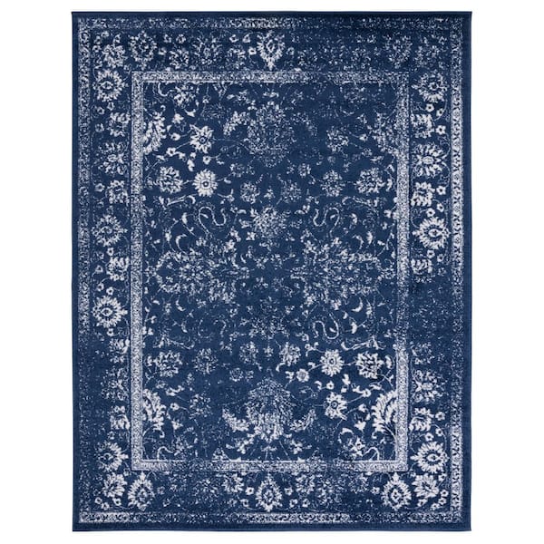 Adirondack Navy/Ivory 8 ft. x 10 ft. Border Distressed Area Rug