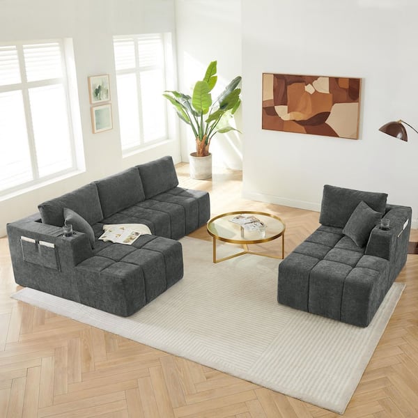 132.48 in. W U-Shaped Square Arm Chenille Modular Upholstered Sectional Sofa in Gray with Cup Holders and Side Pockets