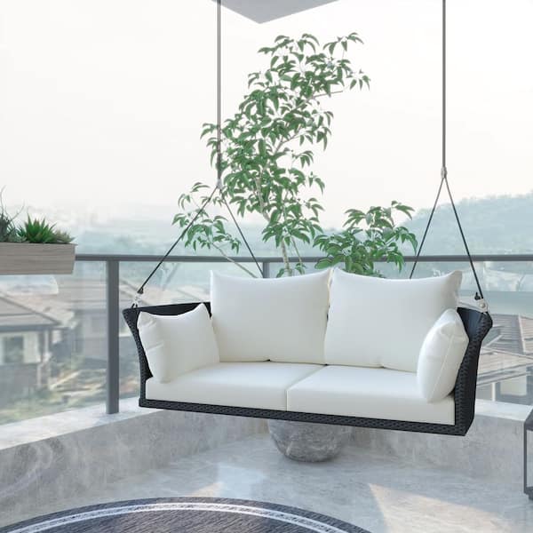 HomeAura 51.9 in. 2-Person Black Wicker Porch Swing with White Cushions