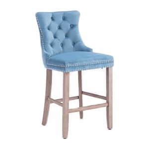 41.3 in. Light Blue Button Tufted Low Back Wood Frame Bar Stools with Velvet Seat Bar Chair Dining Chair (Set of 2)