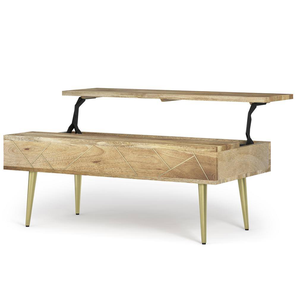 Rectangular Mango Wood Lift-Top Coffee Table with Brass Inlay