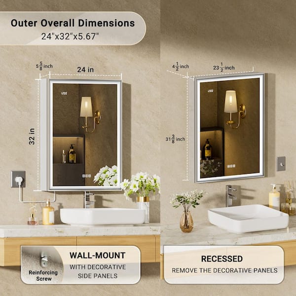 Zena 24 in. W x 32 in. H Rectangular Aluminum Recessed/Surface Dimmable Fogless LED Medicine Cabinet with Mirror