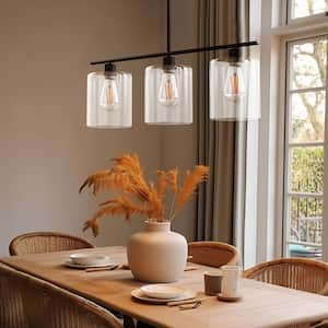 3-Light Black Linear Chandelier with Clear Glass Shades, Simple Industrial Hanging Light for Kitchen Island