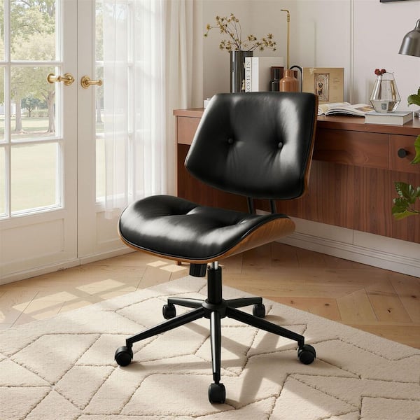 Kam PU Fabric Swivel Ergonomic Armless Office Task Chair in Black Recliner Tilting and Lumbar Support