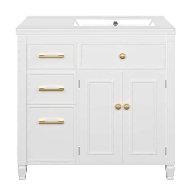 36 in. Freestanding White Bath Vanity with Ceramic Top Sink and 3 Side Drawers