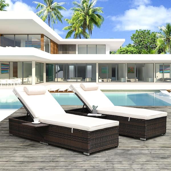 moda furnishings Brown 2-Piece PE Wicker Rattan Outdoor Patio Lazy Chaise Lounge Reclining Chairs set of 2 with Beige Cushions&Side Table