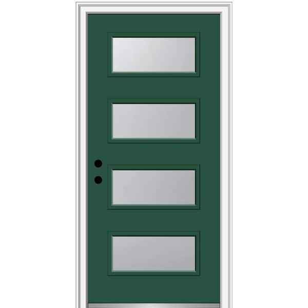 MMI DOOR Celeste 32 in. x 80 in. Right-Hand Inswing 4-Lite Frosted Glass Green Steel Prehung Front Door on 4-9/16 in. Frame