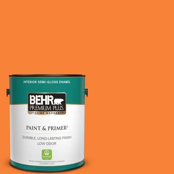 BEHR PREMIUM PLUS 1 gal. #230B-6 Orange Burst Semi-Gloss Enamel Low Odor Interior Paint & Primer